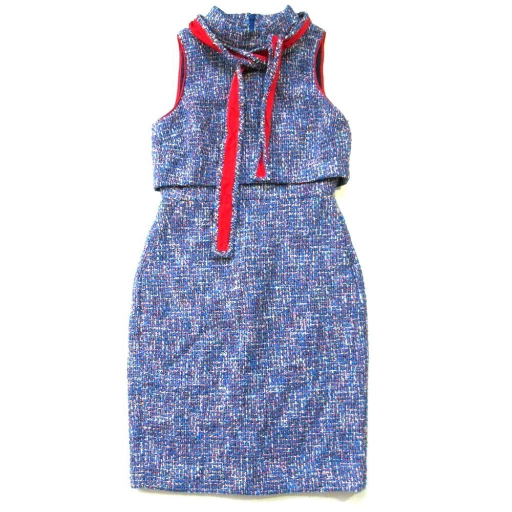 Nwt J.Crew Tie-Neck Tank Sheath In Blue Red Metallic Autumn Tweed Dress 2